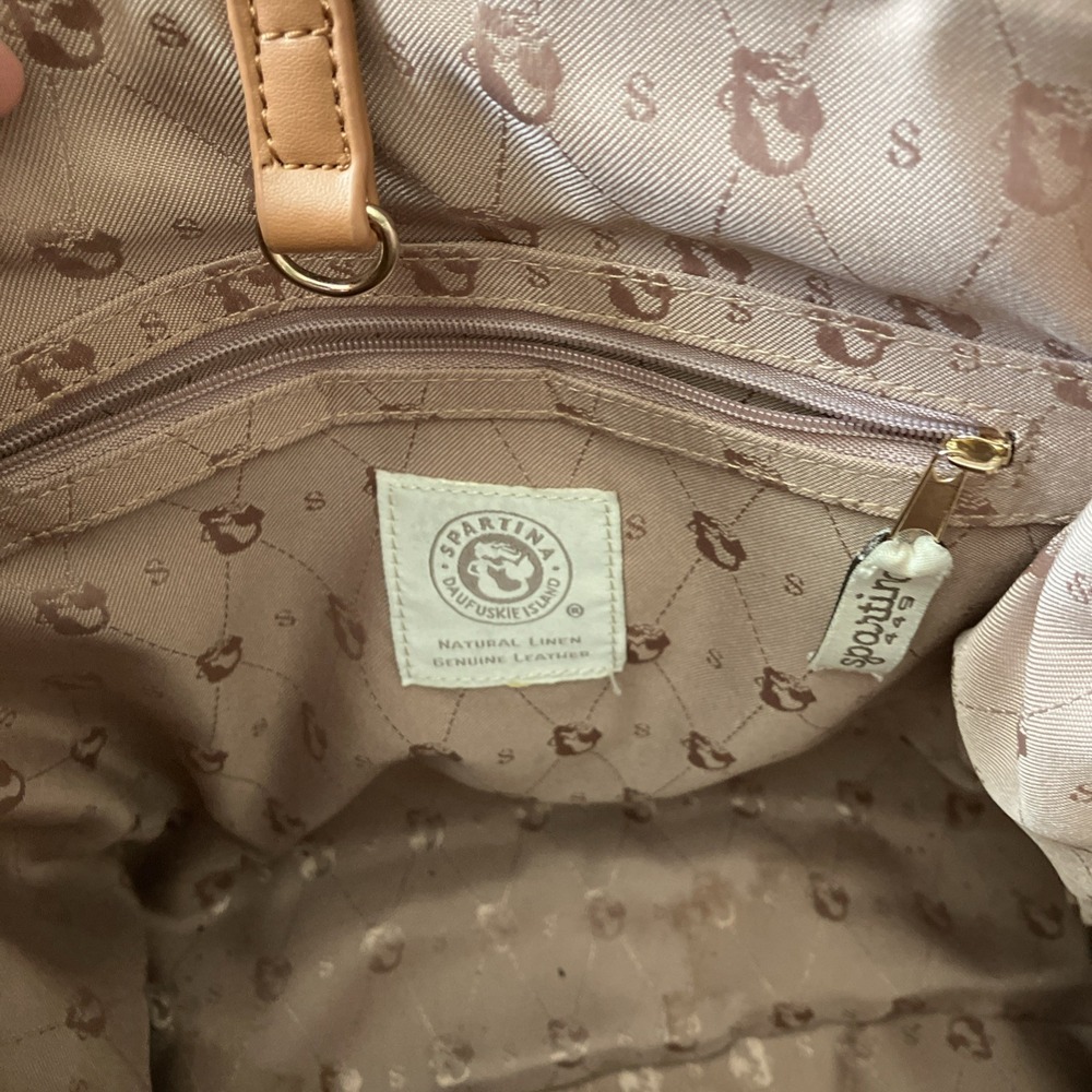 Spartina 449 Black Leather Tote Brown Handles Gold Zippers Plaid Accent 2 handle - Picture 3 of 10